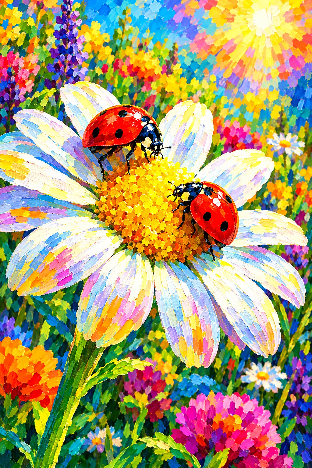 Impressionist diamond painting kit featuring two small red ladybugs with black spots on the white petals and yellow center of a daisy, depicted with a