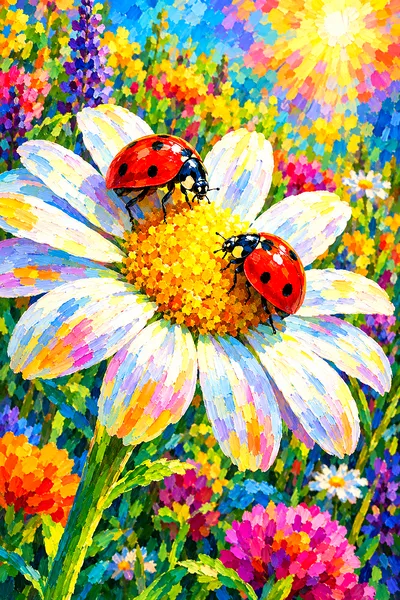 Impressionist diamond painting kit featuring two small red ladybugs with black spots on the white petals and yellow center of a daisy, depicted with a