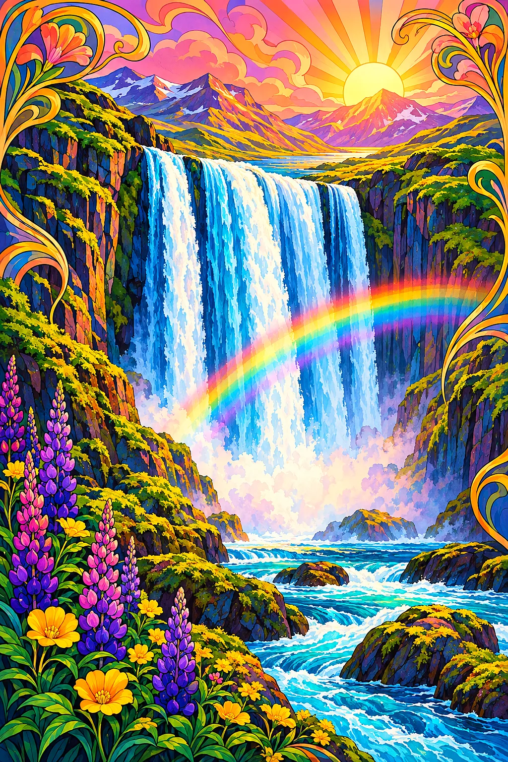 Portrait diamond painting kit featuring an Art Nouveau illustration of an Icelandic waterfall with a rainbow in a sunrise palette of pink, orange, and