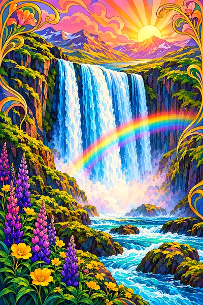 Portrait diamond painting kit featuring an Art Nouveau illustration of an Icelandic waterfall with a rainbow in a sunrise palette of pink, orange, and