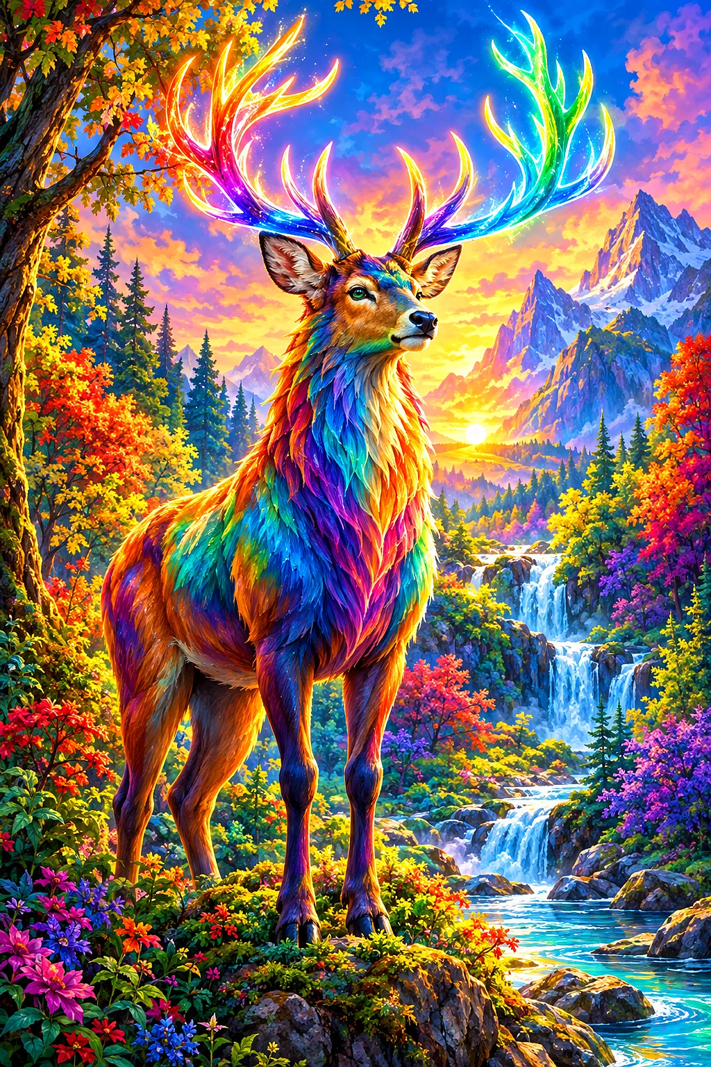 Portrait diamond painting of a majestic stag with large antlers glowing with rainbow colors, standing in a dark, magical forest with cinematic lightin