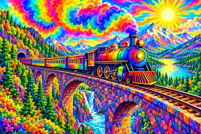 Close-up of a finished diamond painting depicting a psychedelic, glowing rainbow gradient steam train crossing a mountain bridge on a sunny day, set a