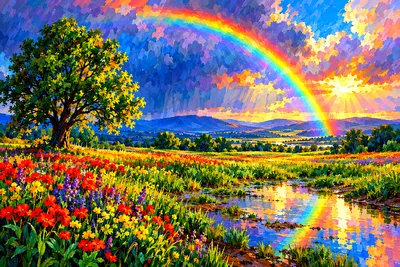 Impressionistic diamond painting depicting a radiant rainbow arching over sun-dappled green fields after rain, rendered in a wide landscape compositio