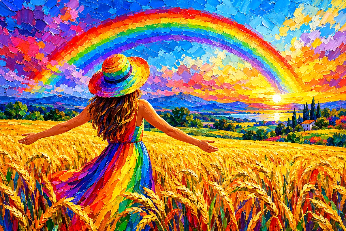 A completed landscape diamond painting kit depicting a vibrant rainbow over a golden wheat field, rendered in an impasto oil painting style with visib