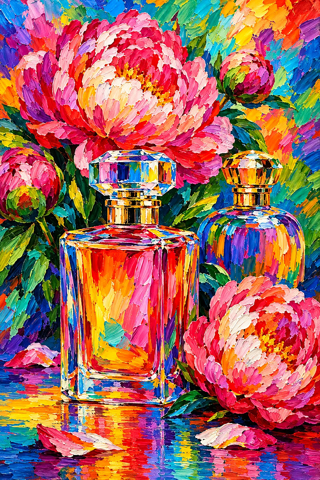 Close-up of a diamond painting depicting colorful perfume bottles nestled among pink, red, and purple peonies in a rich impasto style with a rainbow c