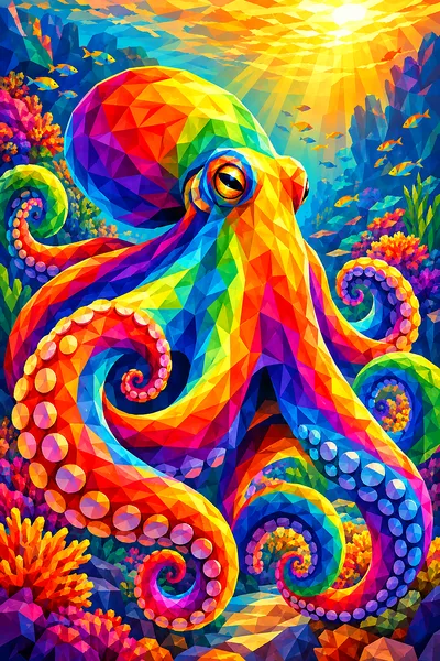 Close-up of a vibrant rainbow octopus in a faceted, geometric art style, glowing with warm light, on a diamond painting canvas.