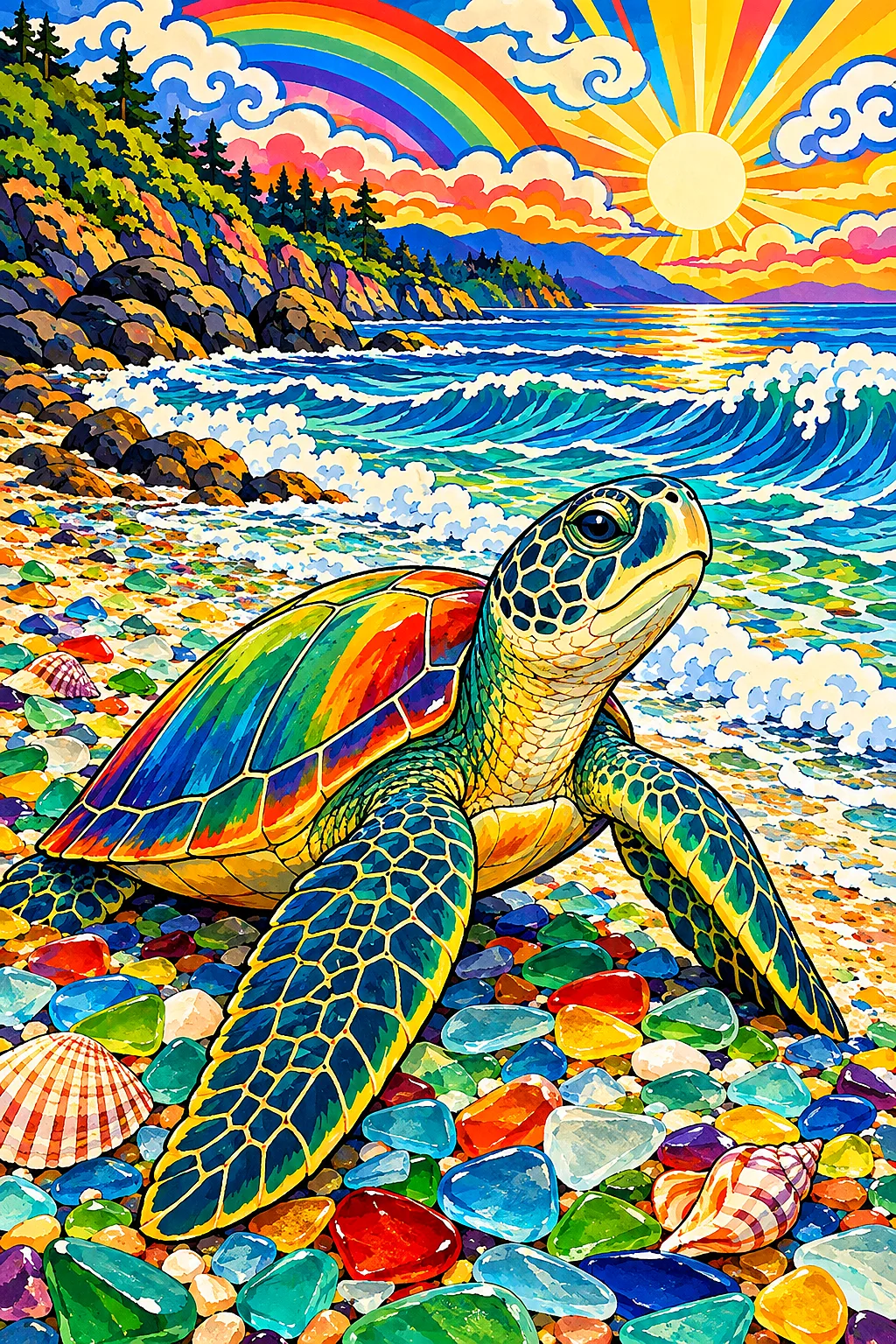Close-up of a diamond painting depicting rainbow-colored sea glass scattered on a sandy beach, rendered in a traditional Japanese woodblock print styl