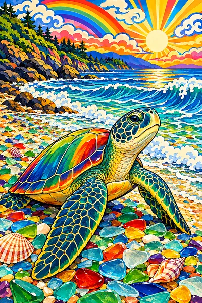 Close-up of a diamond painting depicting rainbow-colored sea glass scattered on a sandy beach, rendered in a traditional Japanese woodblock print styl