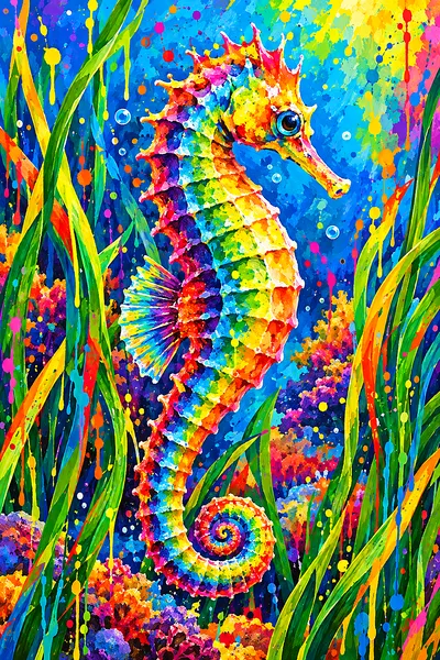 Two seahorses in a high-energy acrylic painting with rainbow paint splashes and drips among sea grass, portrait orientation.