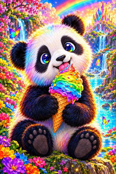 A dreamy fantasy illustration of a cute panda cub with glowing light and magical sparkles, eating a rainbow ice cream cone in a portrait orientation.
