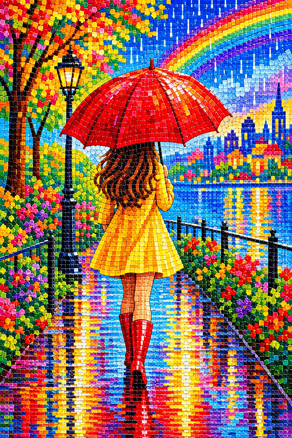 A completed diamond painting featuring a girl seen from behind, holding a bright red umbrella in the rain, with a rainbow of colors reflecting on the