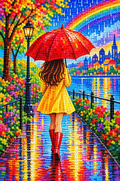 A completed diamond painting featuring a girl seen from behind, holding a bright red umbrella in the rain, with a rainbow of colors reflecting on the