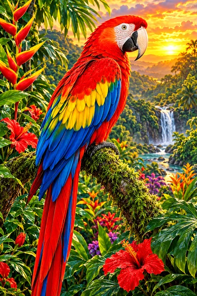 Close-up of a scarlet macaw with bright red, blue, and yellow feathers, perched on a branch amidst green rainforest foliage, illuminated by warm, gold
