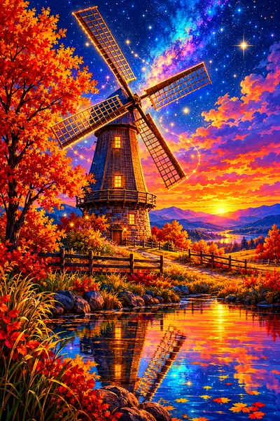 Ranch windmill under a starry sky with rich autumn tones, dreamy fantasy illustration