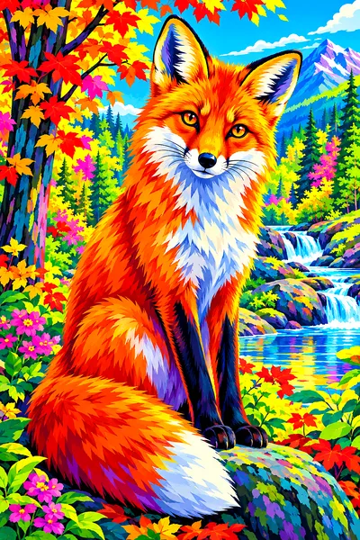 Red fox in autumn forest in bright spring colors, bold pop art illustration