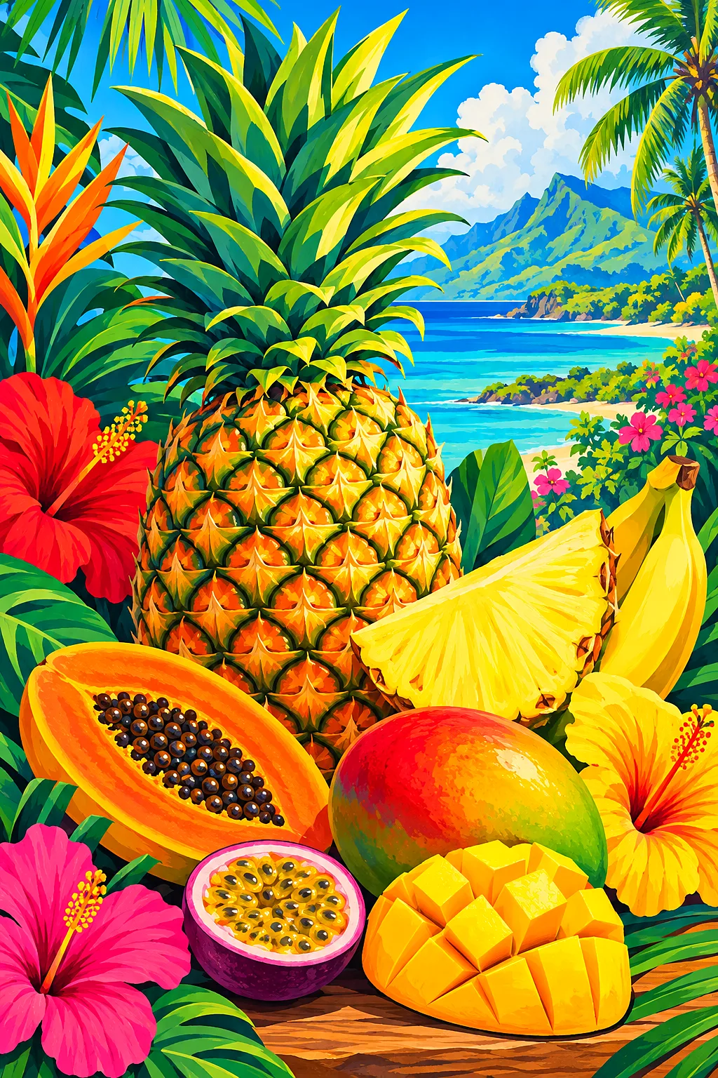 A vintage-style illustration of a pineapple and other tropical fruits in bright colors against a blue background, rendered as a diamond painting.