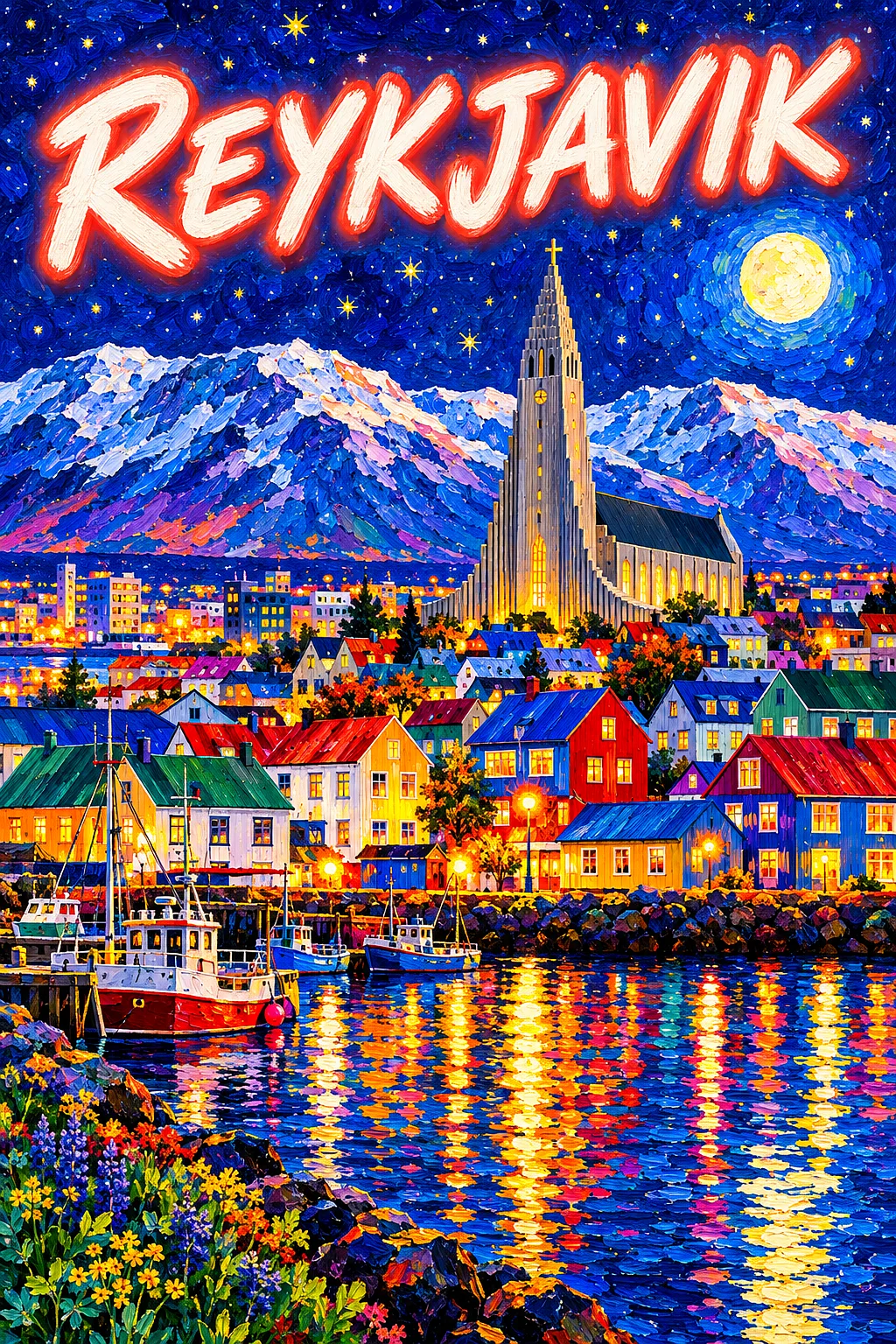 A completed diamond painting kit showing a small harbor town at night with colorful houses, a tall church, snowy mountains, and a glowing moon in an i