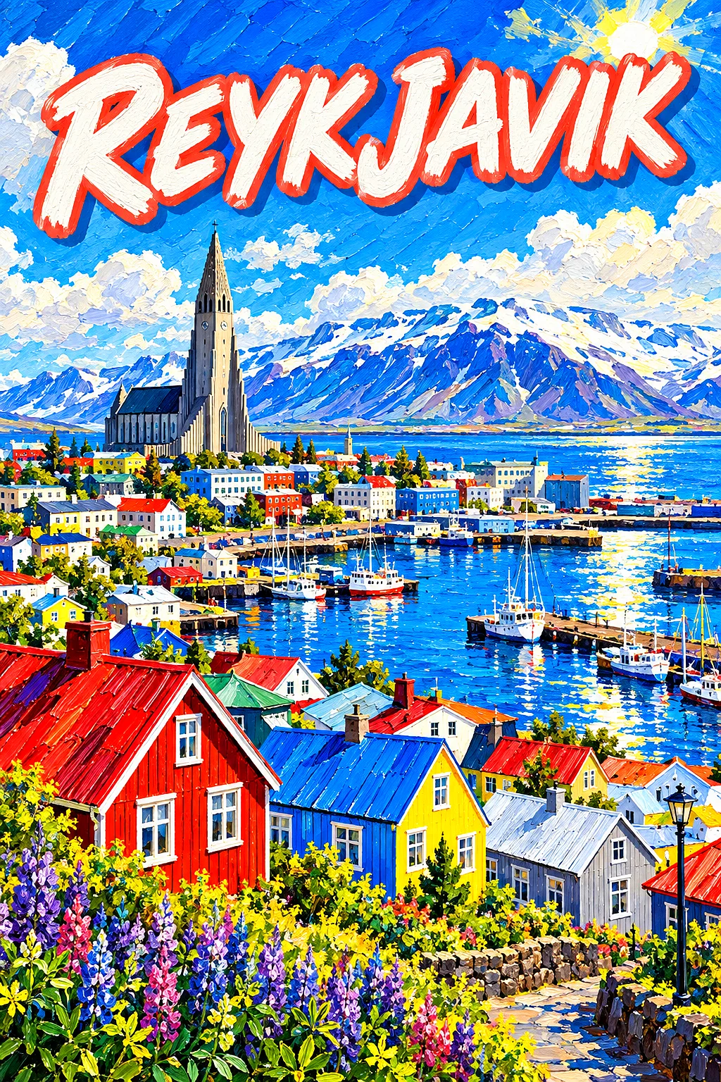 Portrait diamond painting kit showing a small Nordic harbor town with colorful tin-roofed houses, a tall concrete church, and snowy mountains under a
