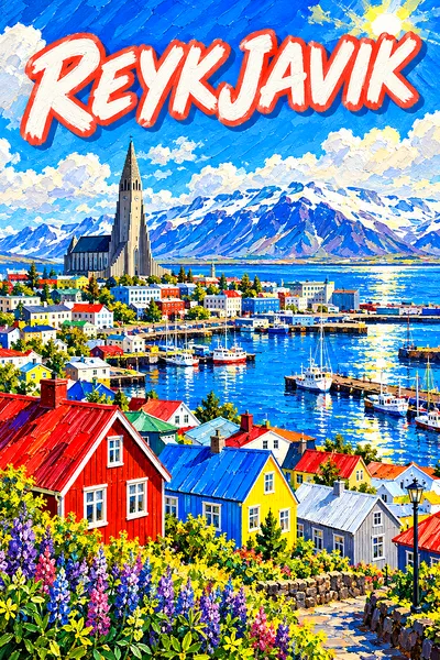 Portrait diamond painting kit showing a small Nordic harbor town with colorful tin-roofed houses, a tall concrete church, and snowy mountains under a