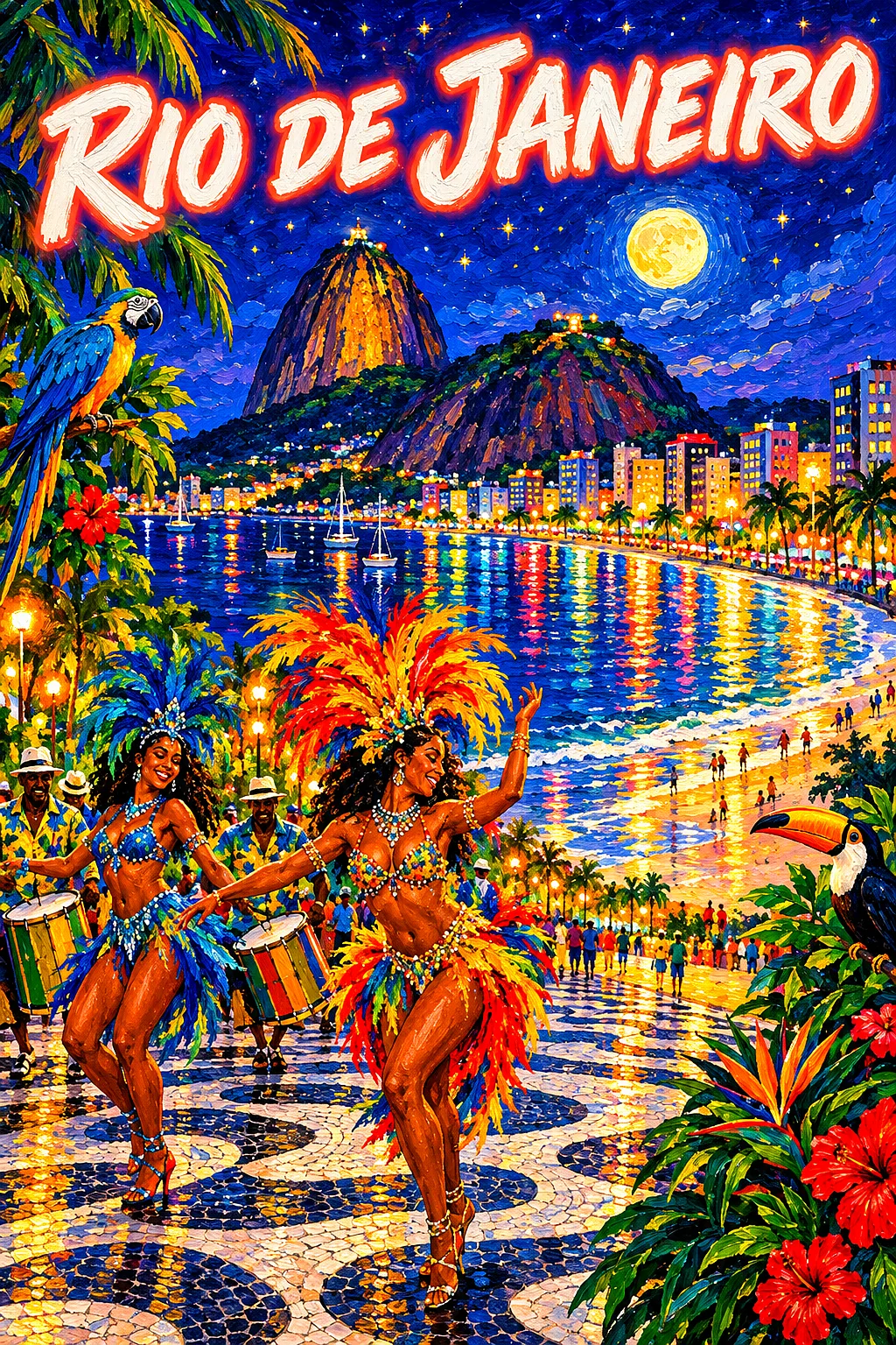 Portrait diamond painting kit of a vibrant Rio de Janeiro by night with city lights, a starry sky, and a curving beach promenade.