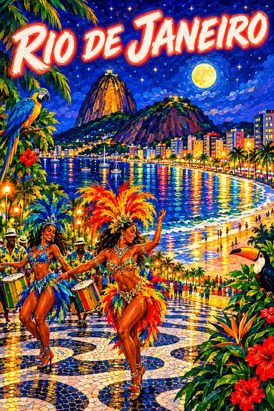 Portrait diamond painting kit of a vibrant Rio de Janeiro by night with city lights, a starry sky, and a curving beach promenade.