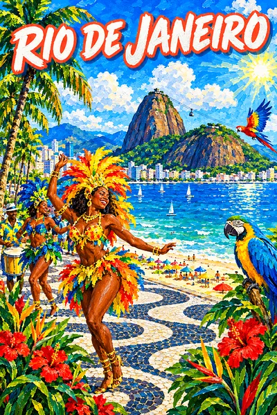 Portrait diamond painting of a sun-drenched Rio de Janeiro beach with a sugarloaf peak, samba dancers, and tropical birds.