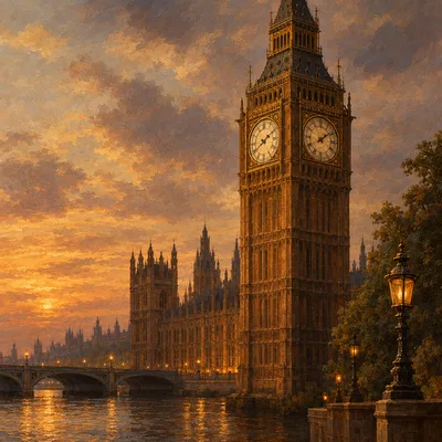 Close-up diamond painting kit of a magnificent clock tower beside a river, rendered in a classical old-world oil painting style with warm earthy color