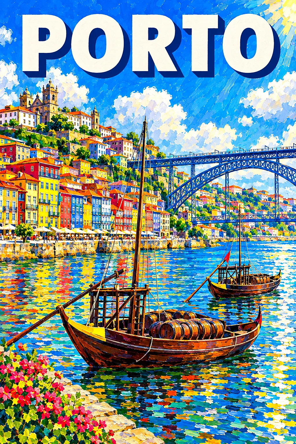 A completed diamond painting depicting a sunny, impressionistic view of a Portuguese riverside city with colorful houses, wooden boats, and a two-leve