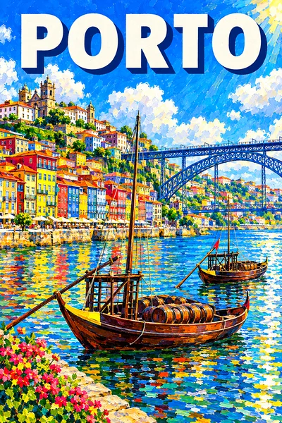 A completed diamond painting depicting a sunny, impressionistic view of a Portuguese riverside city with colorful houses, wooden boats, and a two-leve