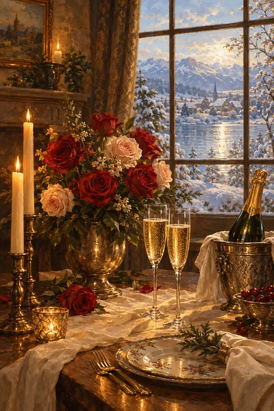 Portrait diamond painting of a candlelit dinner table with champagne, two glasses, and a vase of red and blush roses on a white tablecloth, rendered i