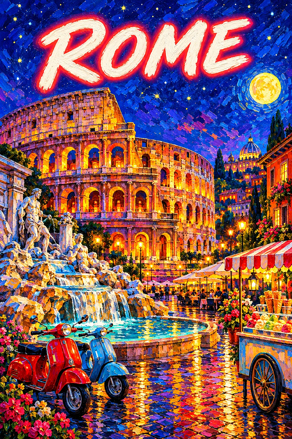 Portrait diamond painting of an ancient stone amphitheater overlooking a piazza with a baroque fountain, vespas, and a gelato cart, at night under a s