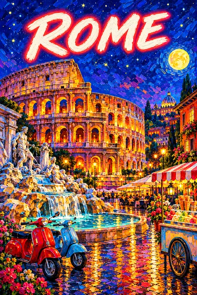 Portrait diamond painting of an ancient stone amphitheater overlooking a piazza with a baroque fountain, vespas, and a gelato cart, at night under a s
