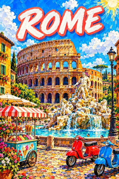 Portrait diamond painting design of a sunlit Roman piazza with an ancient stone amphitheater, baroque fountain, scooters, and a gelato cart under a vi