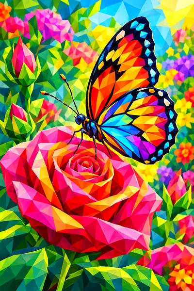 Portrait orientation diamond painting of a geometric, low-poly butterfly with sharp gradients of vivid color, resting on a bright spring rose.