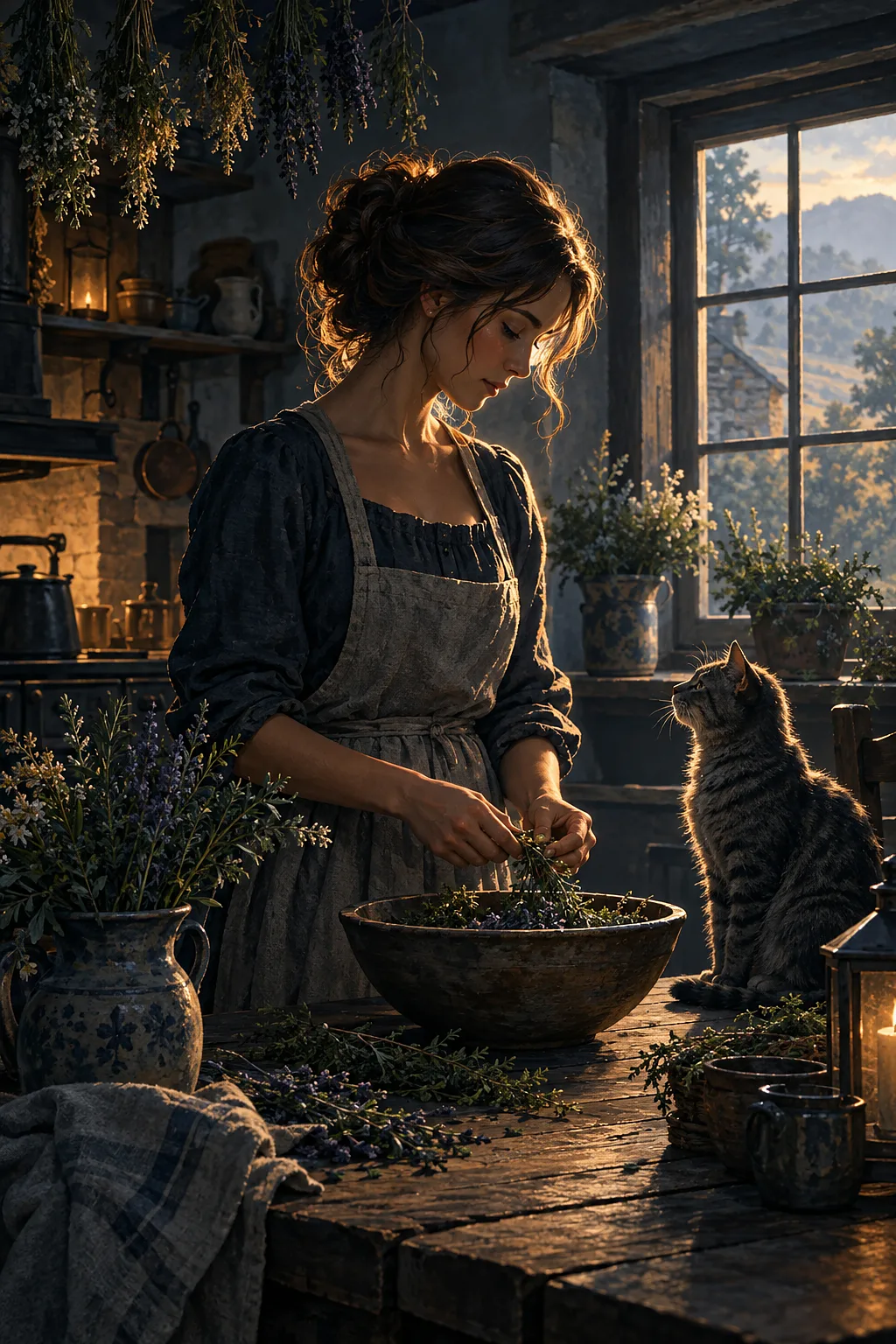 Portrait diamond painting depicting a moody farmhouse kitchen with bundles of herbs drying, illuminated by soft amber light against deep blue and grey