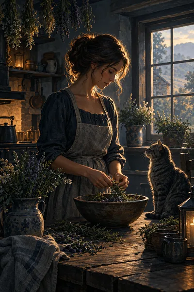 Portrait diamond painting depicting a moody farmhouse kitchen with bundles of herbs drying, illuminated by soft amber light against deep blue and grey