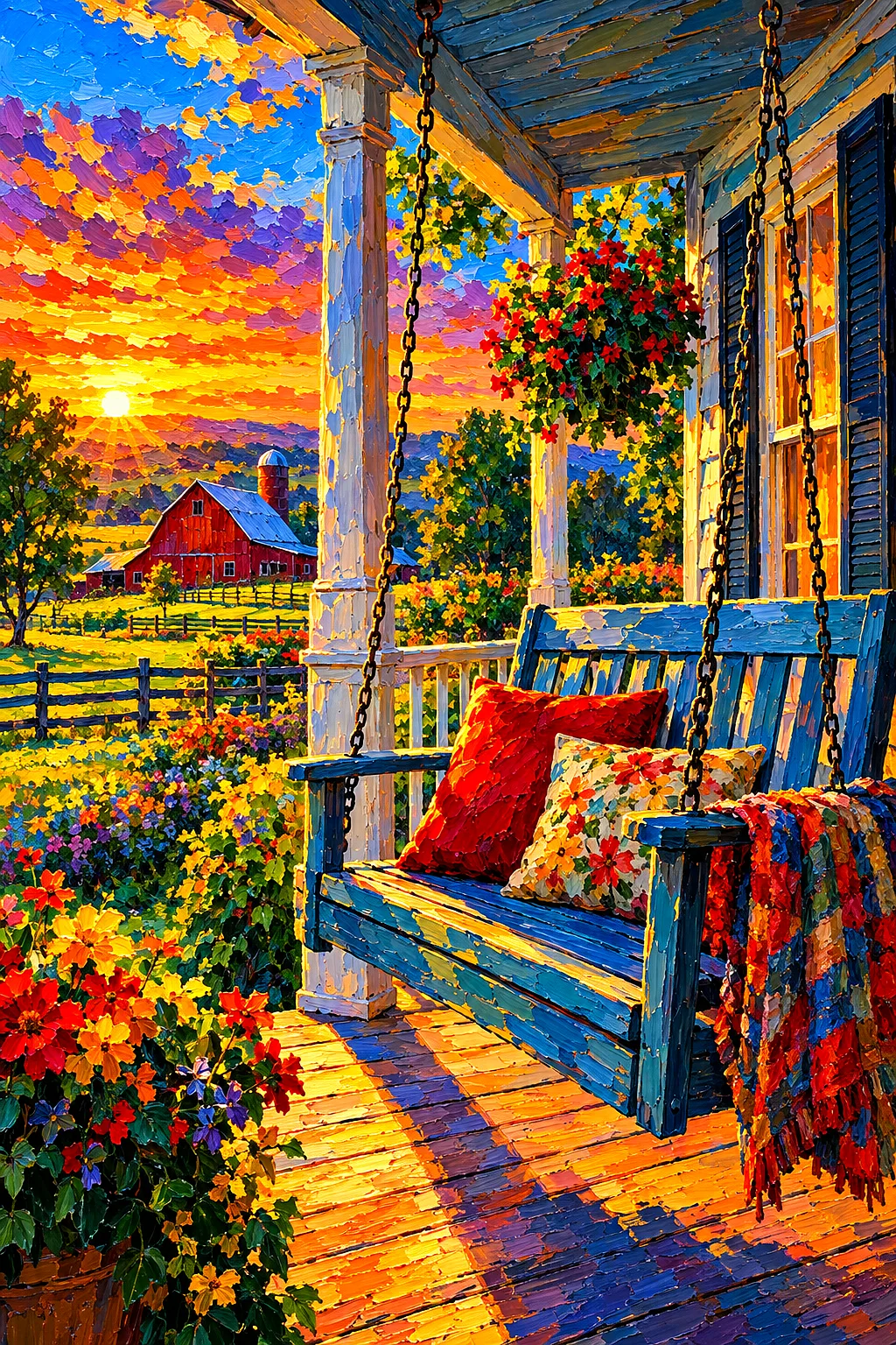 Portrait orientation diamond painting of an American farmhouse porch with a porch swing, dramatic rim lighting, deep contrast, and rich impasto style