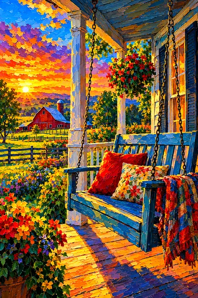 Portrait orientation diamond painting of an American farmhouse porch with a porch swing, dramatic rim lighting, deep contrast, and rich impasto style
