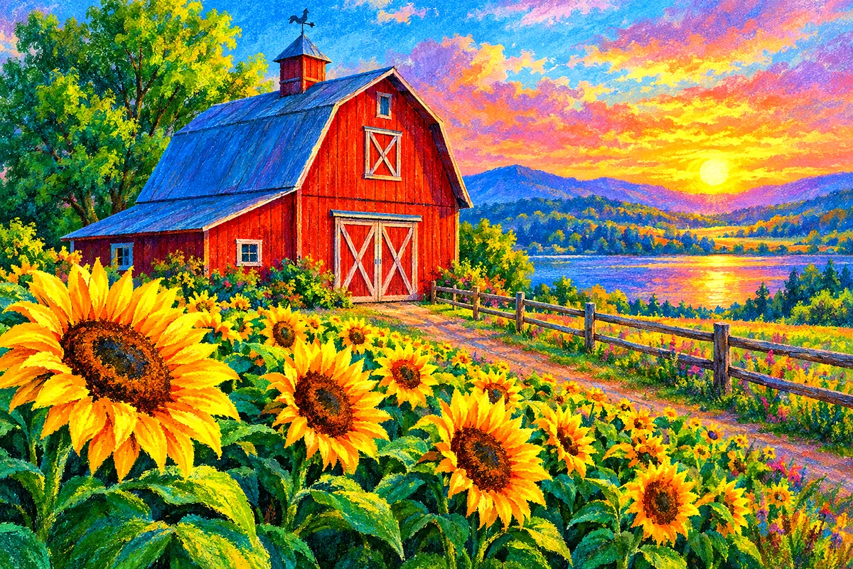 Landscape diamond painting of a rustic red barn with a white roof, surrounded by bright yellow sunflowers under a clear blue sky, in a soft pastel sty