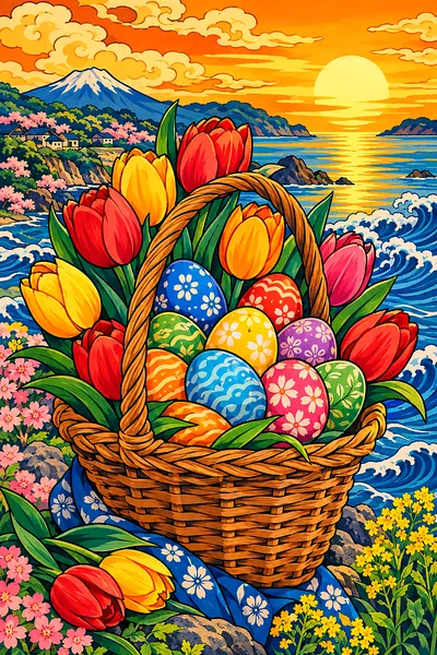Portrait diamond painting of colorful Easter eggs in a basket surrounded by tulips, stylized in traditional Japanese woodblock print with bold outline