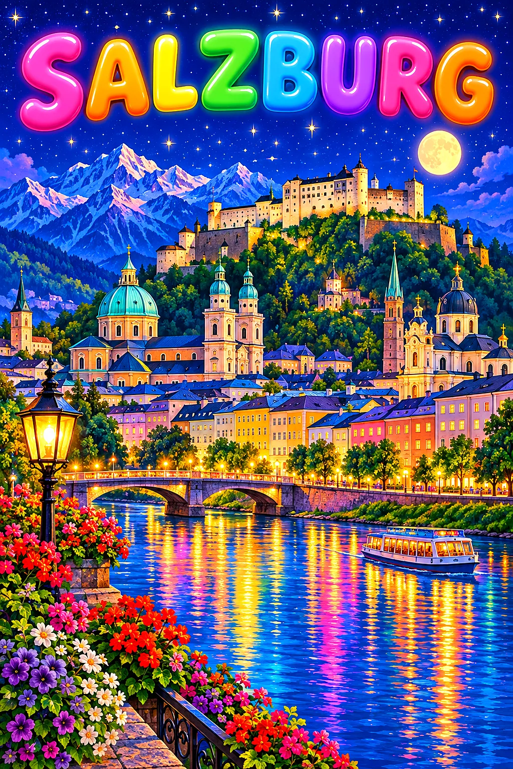 Portrait diamond painting of a baroque European city at night, with church domes, a river, and a hilltop fortress under a starry indigo sky, with warm