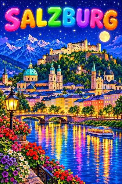 Portrait diamond painting of a baroque European city at night, with church domes, a river, and a hilltop fortress under a starry indigo sky, with warm