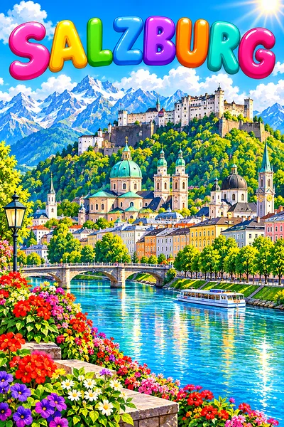 Whimsical illustration of Salzburg, Austria, with church domes, a river, a hilltop fortress, alpine mountains, blue sky, and fluffy clouds under spark