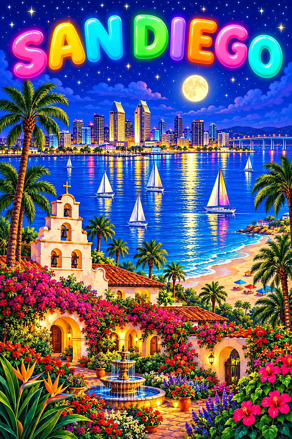 San diego by night USA: a sunny bay with sailboats, a spanish mission-style garden, palm trees and a sandy beach, at night un