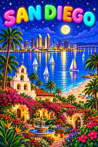 San diego by night USA: a sunny bay with sailboats, a spanish mission-style garden, palm trees and a sandy beach, at night un