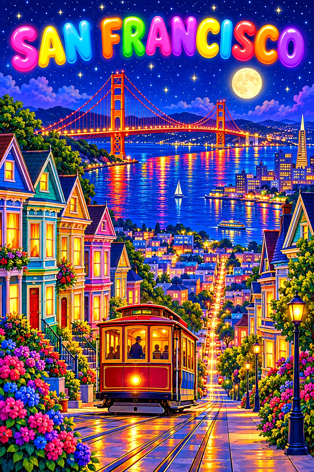 Portrait diamond painting of a whimsical San Francisco street at night with colorful Victorian houses, a cable car, a red bridge, and a starry sky.
