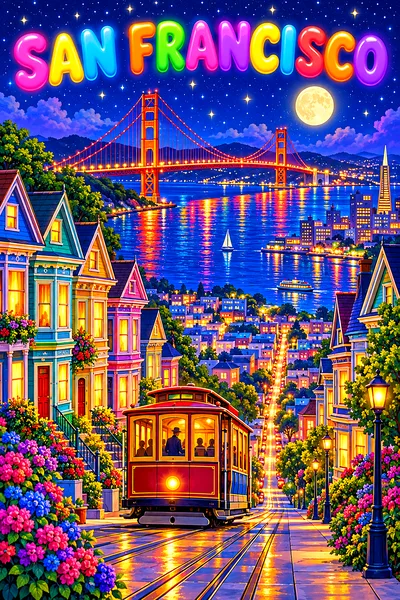 Portrait diamond painting of a whimsical San Francisco street at night with colorful Victorian houses, a cable car, a red bridge, and a starry sky.