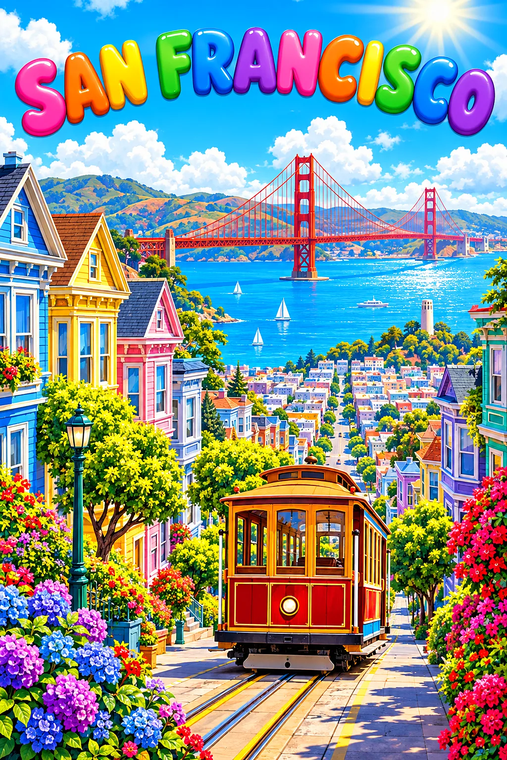 Whimsical diamond painting of a San Francisco street with colorful Victorian houses, a cable car, and a red suspension bridge over the bay under a bri