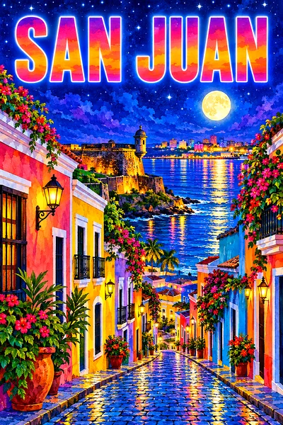 Portrait diamond painting of a blue cobblestone street in San Juan, Puerto Rico, at night, with colorful glowing houses and a stone fortress under a s
