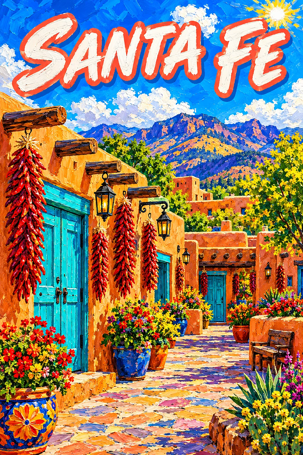 Portrait diamond painting kit depicting a sunny Santa Fe adobe plaza with turquoise doors, red chili ristras, lanterns, and desert mountains under a b